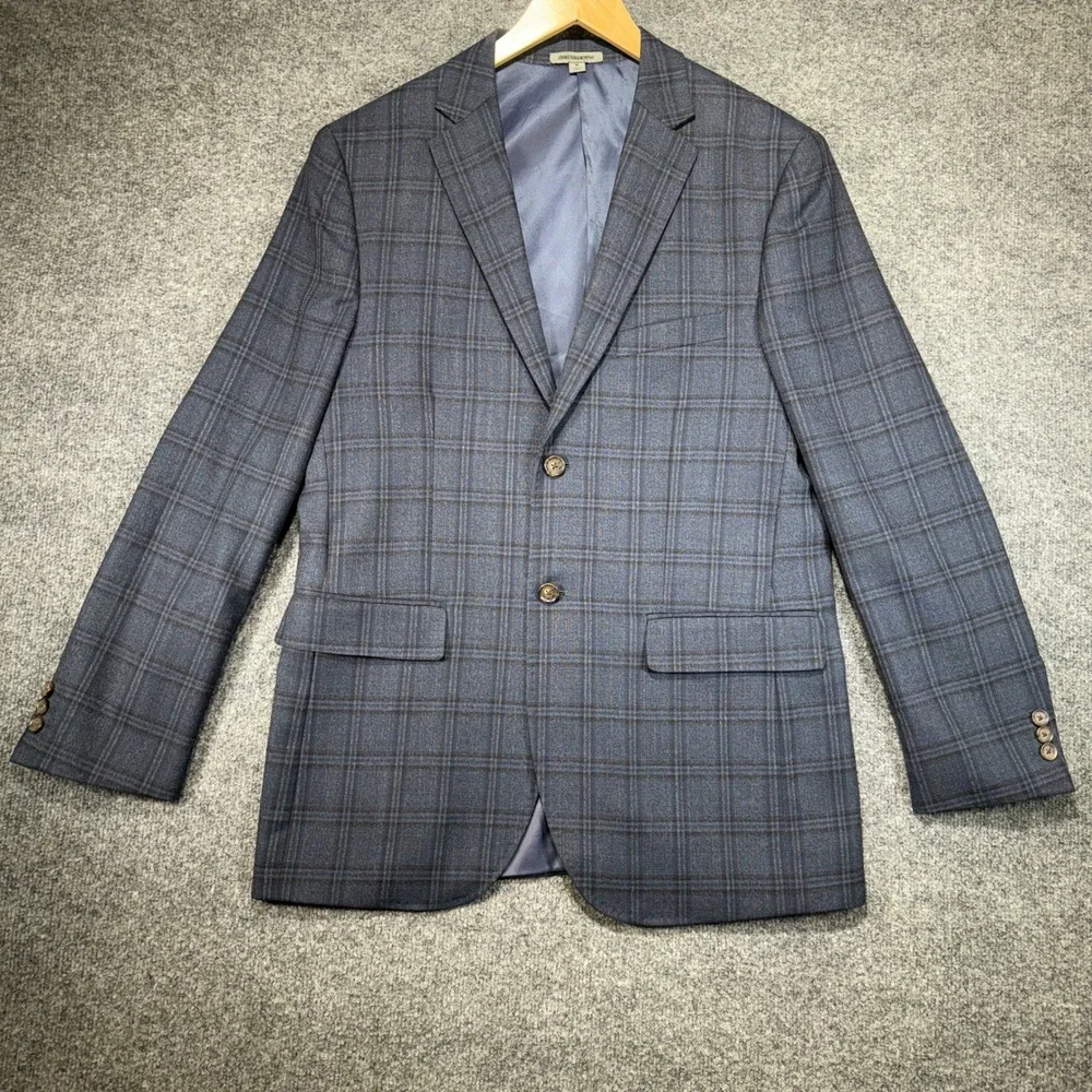 Johnston & Murphy Plaid Blazer Sport Coat Mens M Blue Grey 100% Wool 2-Button
